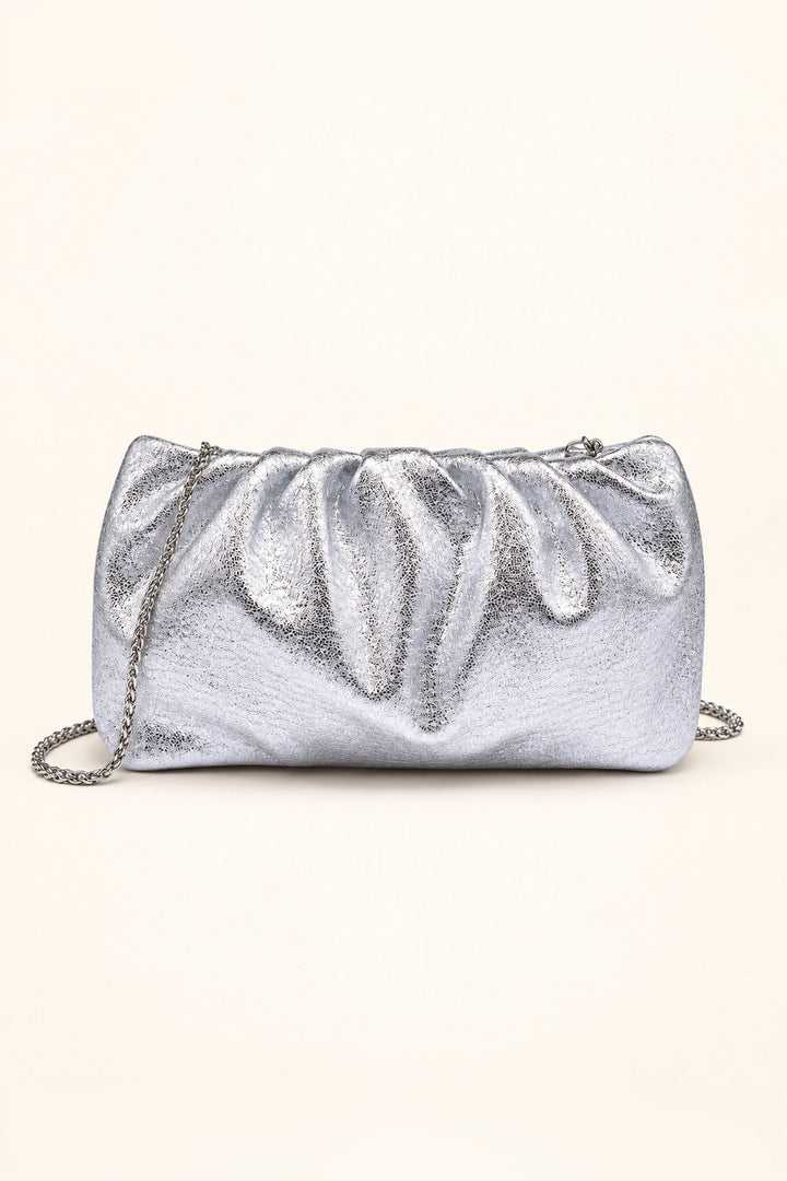 Silver Fancy Metallic Ruched Clutch - STYLED BY ALX COUTUREHandbags