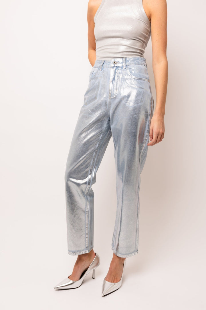 Silver Metallic Coated Denim Pants - STYLED BY ALX COUTUREPants