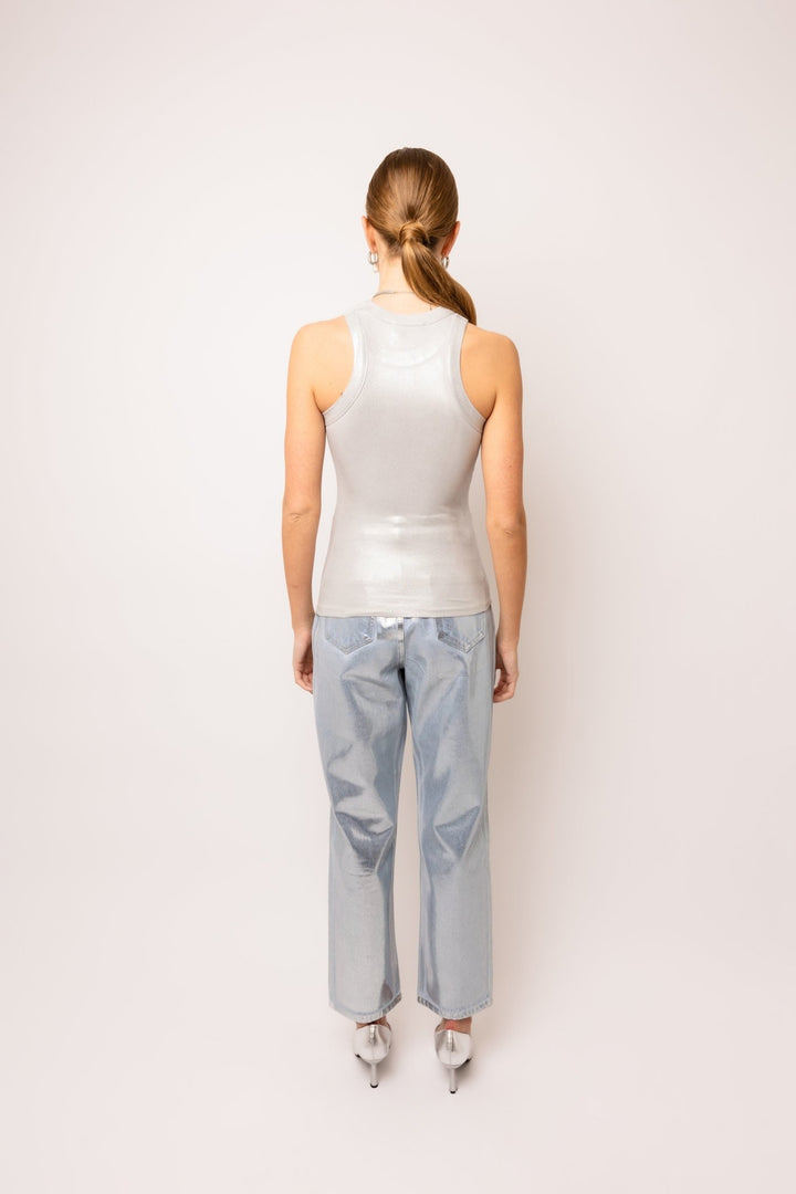 Silver Metallic Coated Denim Pants - STYLED BY ALX COUTUREPants