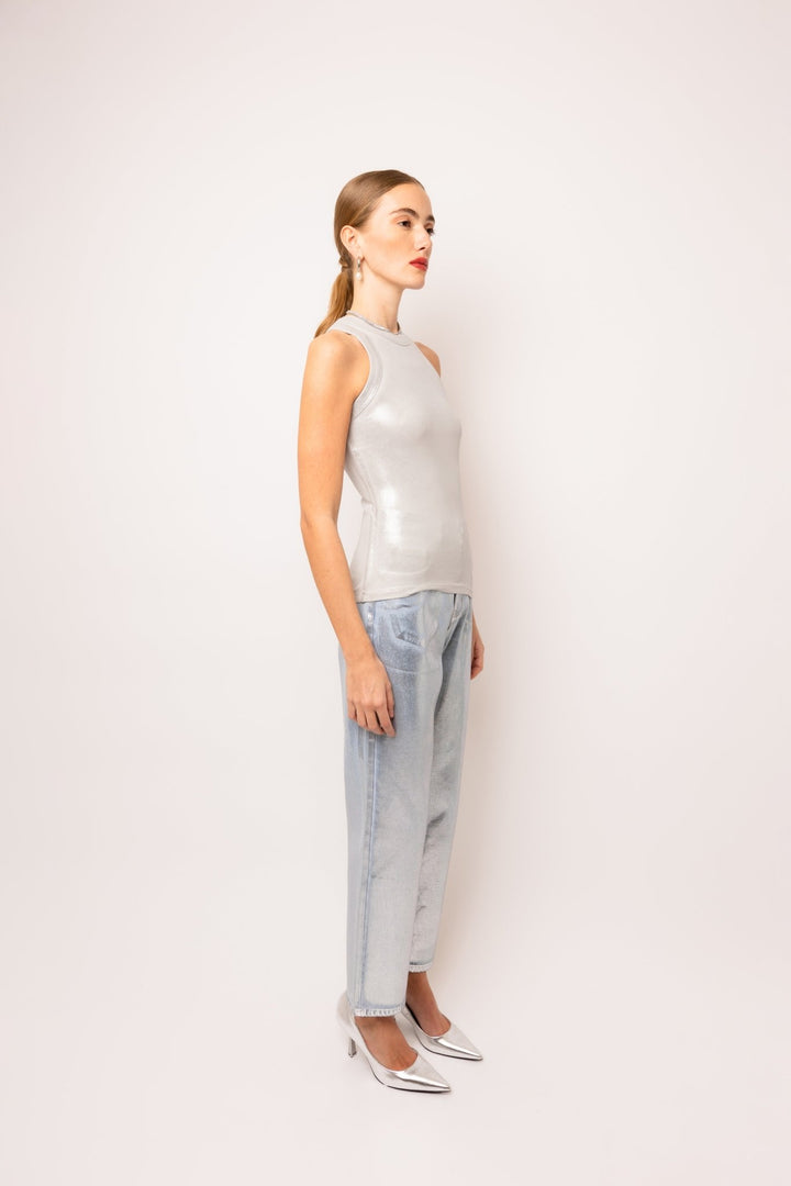 Silver Metallic Coated Denim Pants - STYLED BY ALX COUTUREPants