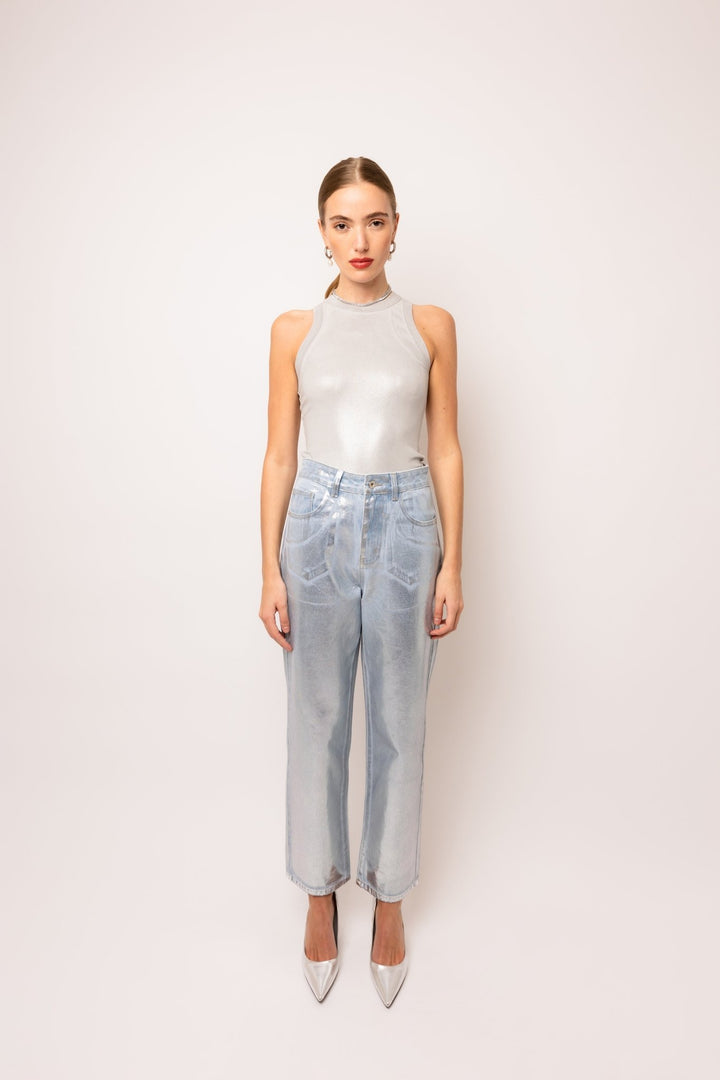 Silver Metallic Coated Denim Pants - STYLED BY ALX COUTUREPants