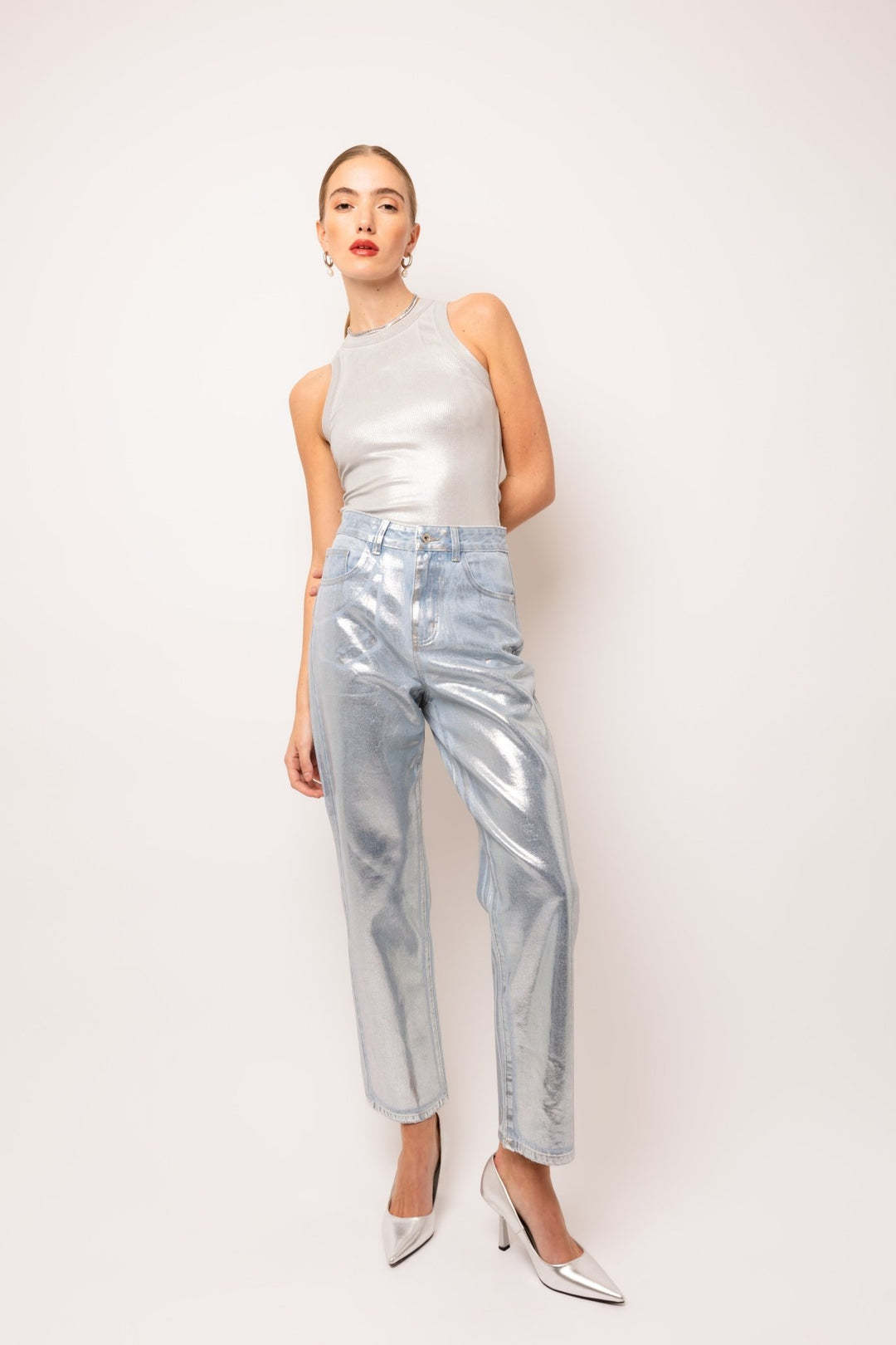 Silver Metallic Coated Denim Pants - STYLED BY ALX COUTUREPants
