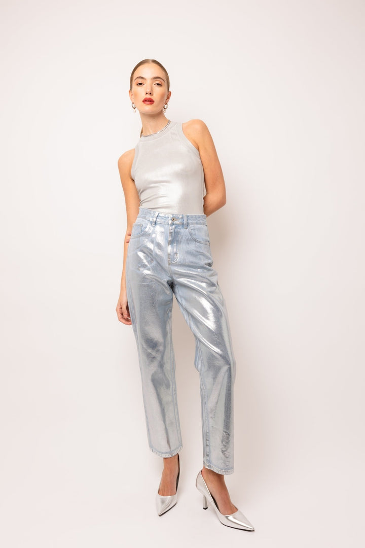 Silver Metallic Coated Denim Pants - STYLED BY ALX COUTUREPants