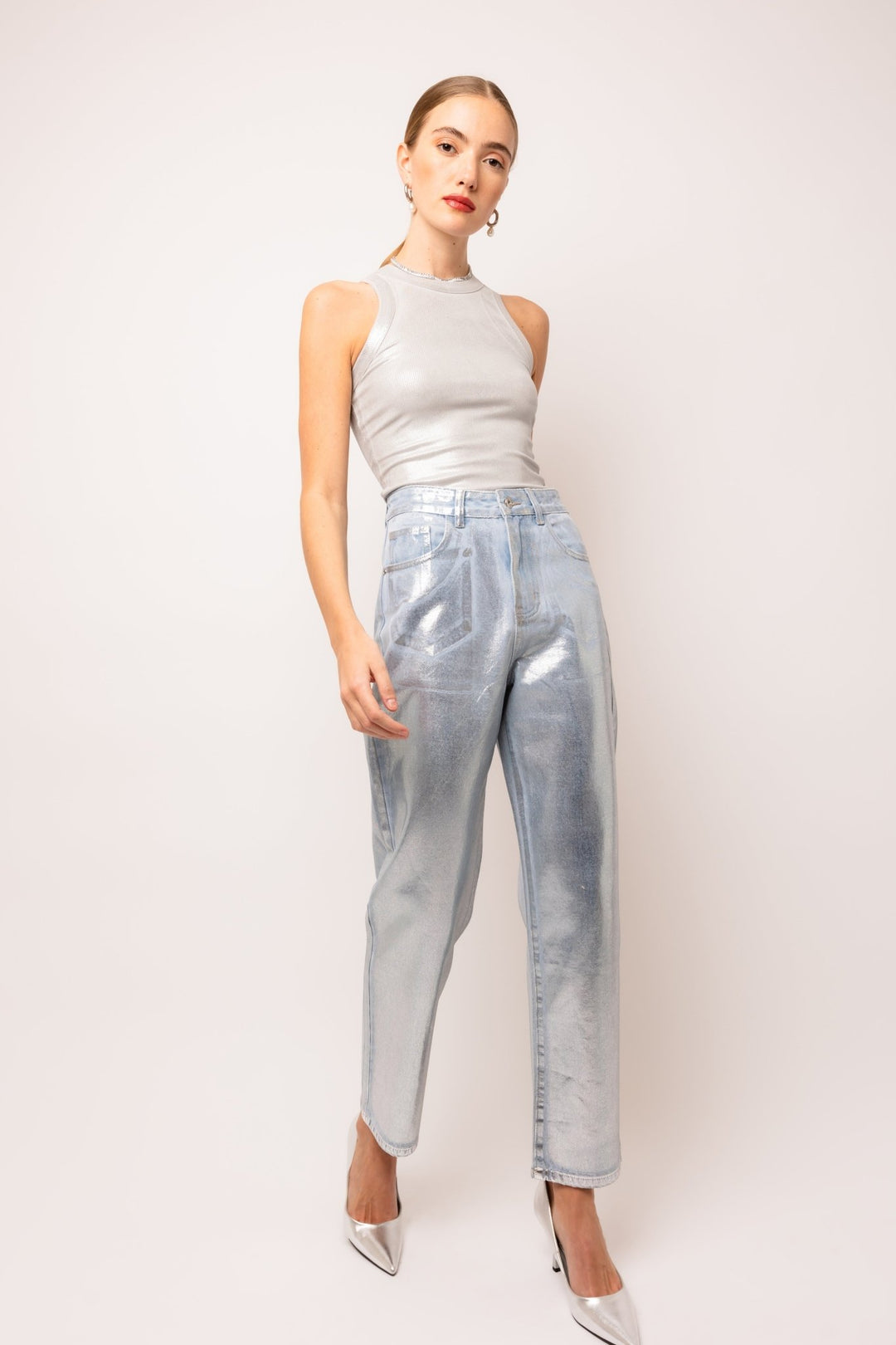 Silver Metallic Coated Denim Pants - STYLED BY ALX COUTUREPants
