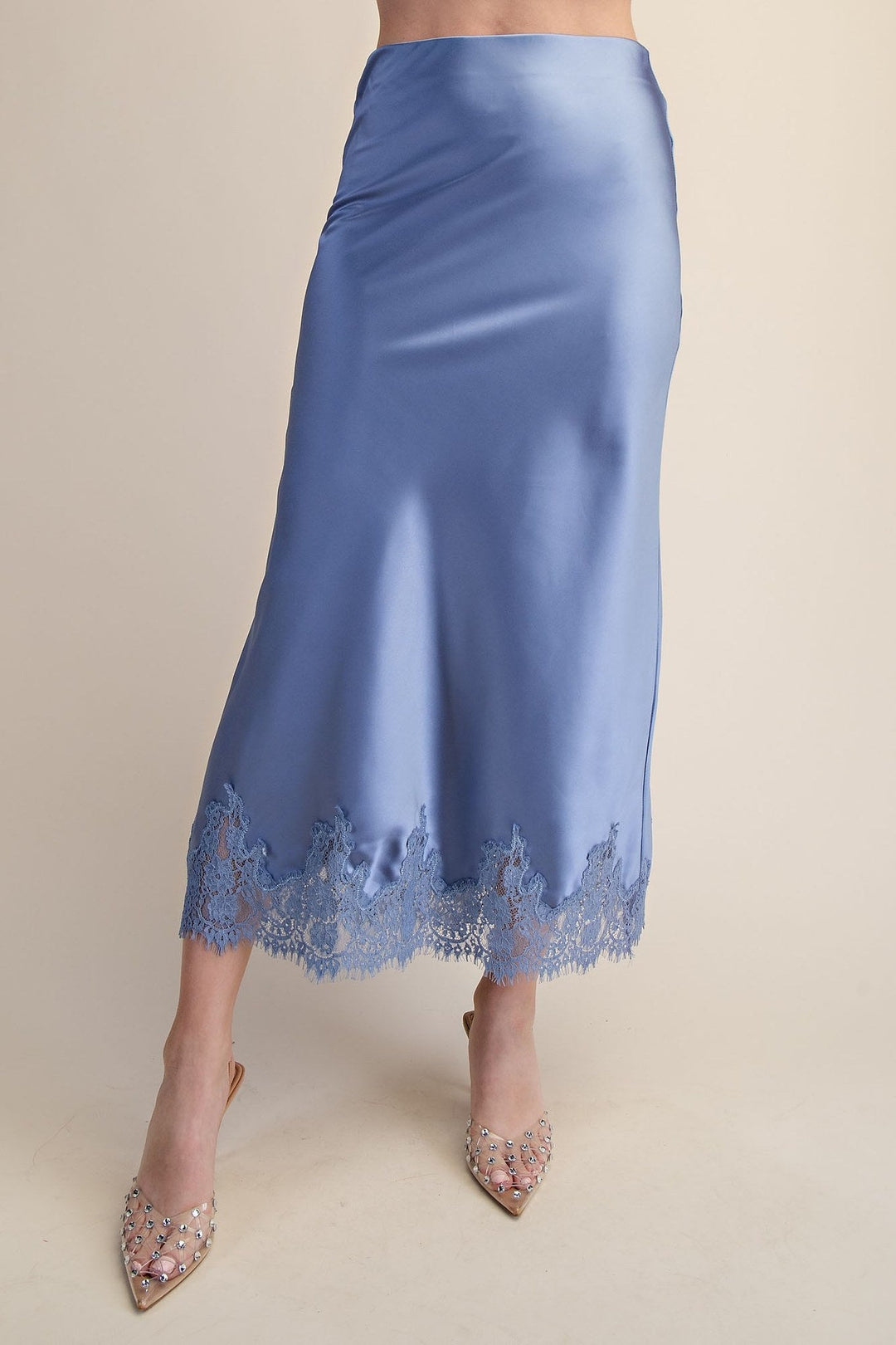 Slate Blue Satin Lace Trim Cami and Midi Skirt Set - STYLED BY ALX COUTUREOutfit Sets