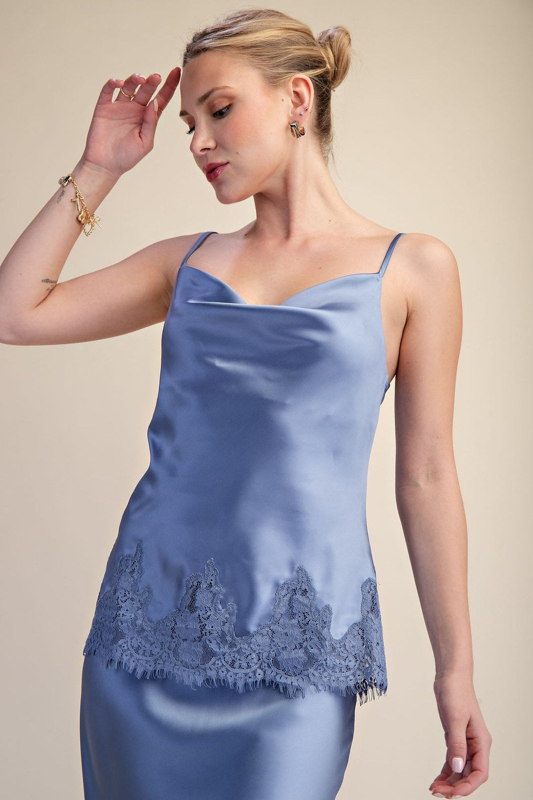 Slate Blue Satin Lace Trim Cami and Midi Skirt Set - STYLED BY ALX COUTUREOutfit Sets