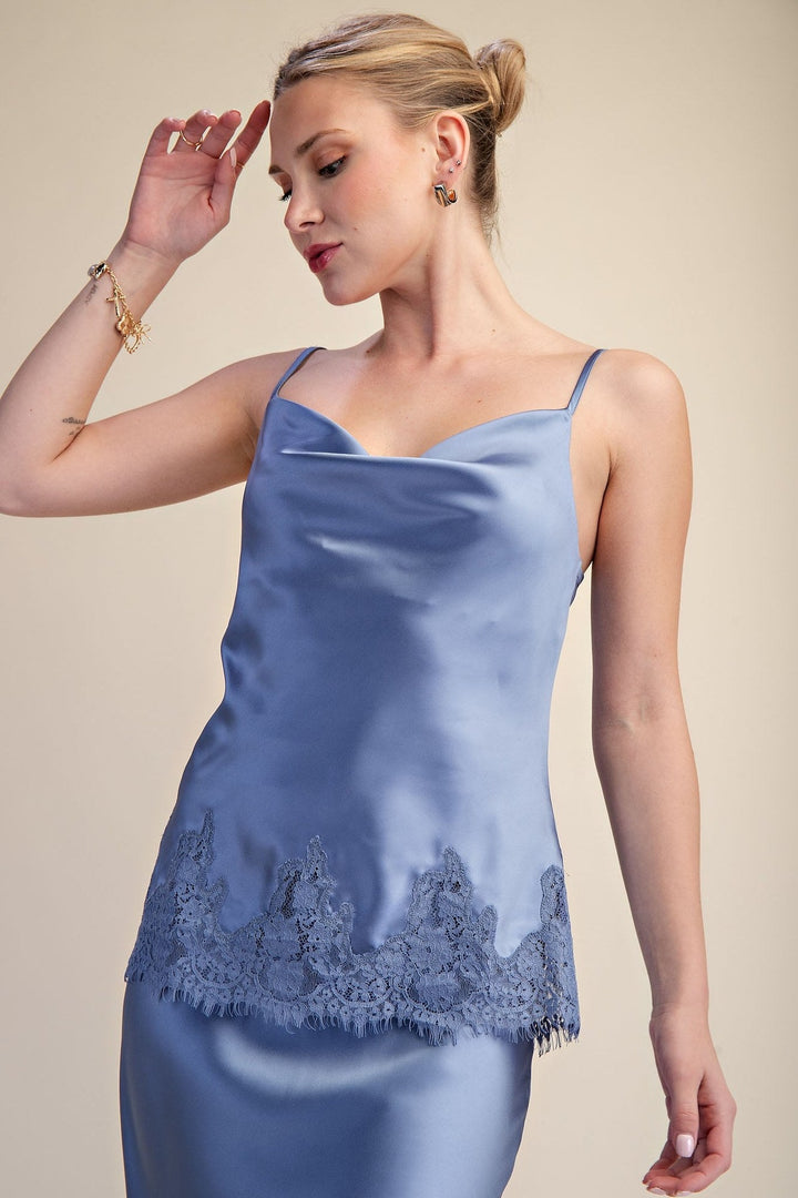 Slate Blue Satin Lace Trim Cami and Midi Skirt Set - STYLED BY ALX COUTUREOutfit Sets
