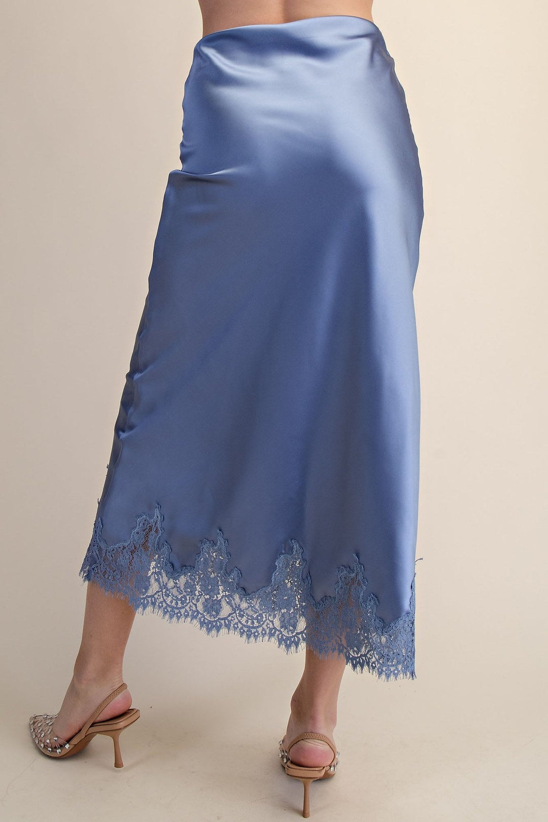 Slate Blue Satin Lace Trim Cami and Midi Skirt Set - STYLED BY ALX COUTUREOutfit Sets