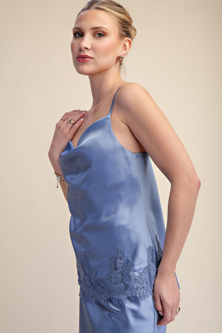 Slate Blue Satin Lace Trim Cami and Midi Skirt Set - STYLED BY ALX COUTUREOutfit Sets