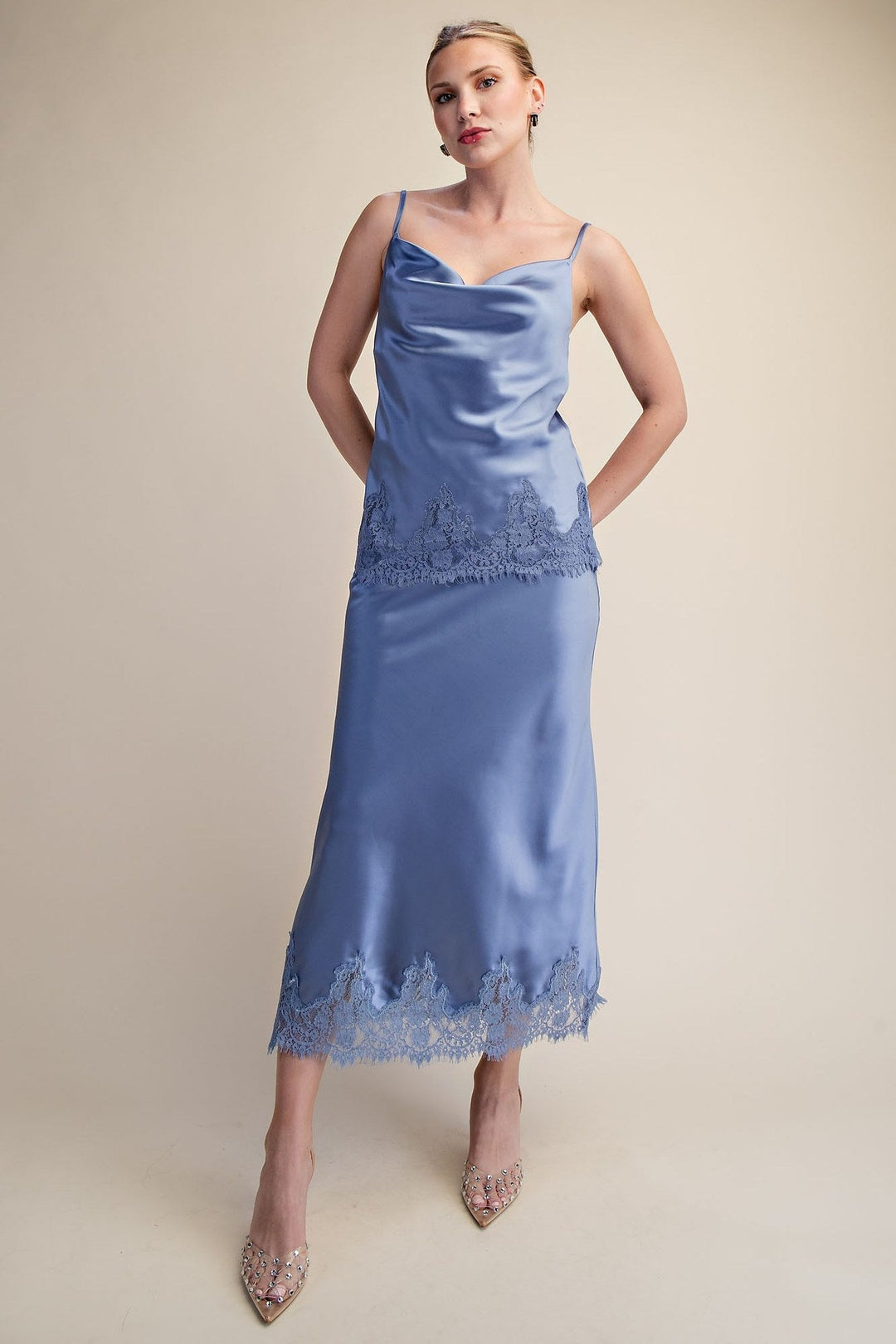 Slate Blue Satin Lace Trim Cami and Midi Skirt Set - STYLED BY ALX COUTUREOutfit Sets