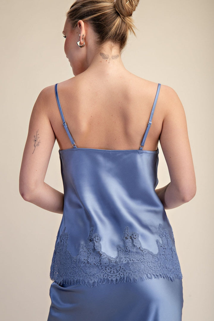 Slate Blue Satin Lace Trim Cami and Midi Skirt Set - STYLED BY ALX COUTUREOutfit Sets