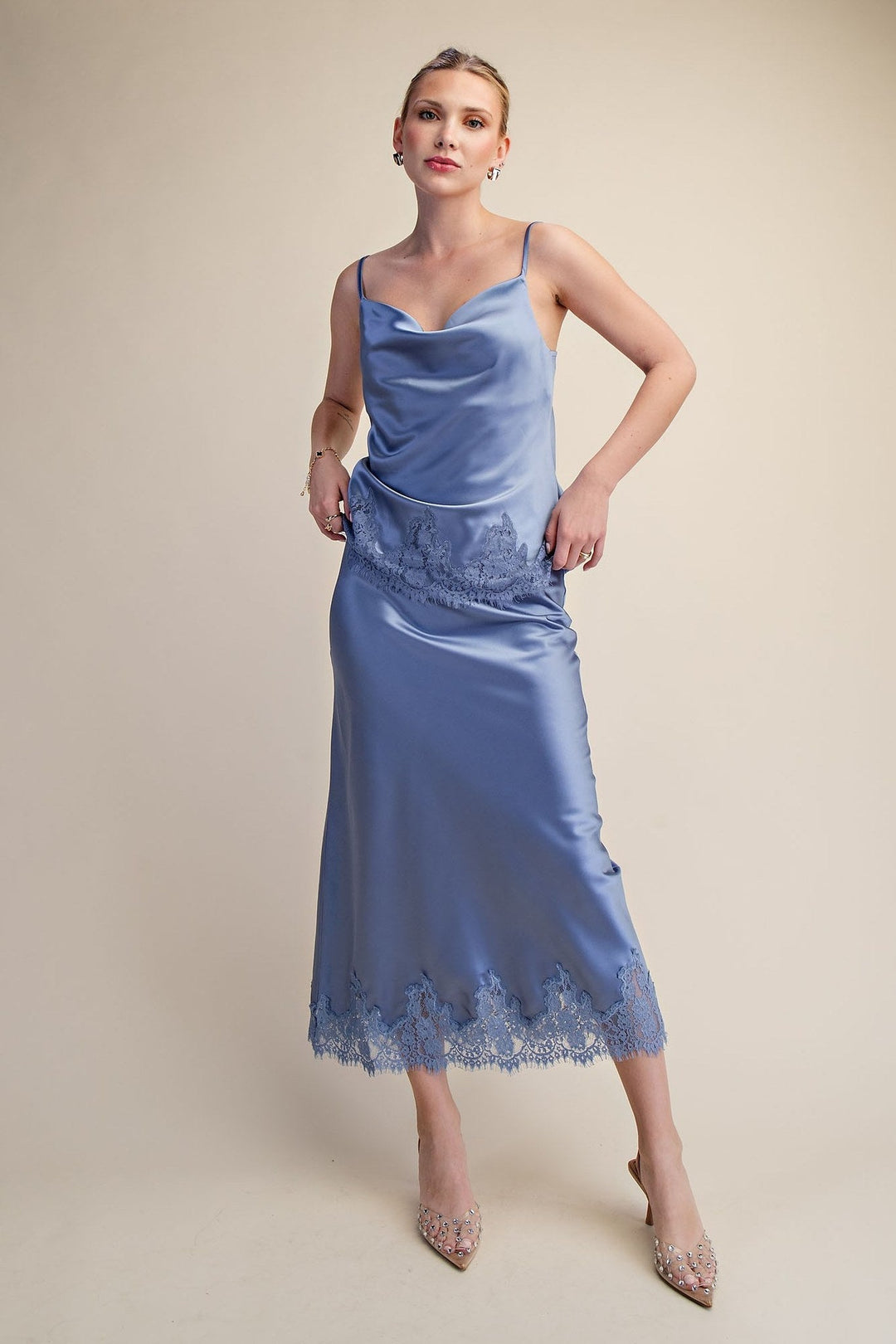 Slate Blue Satin Lace Trim Cami and Midi Skirt Set - STYLED BY ALX COUTUREOutfit Sets