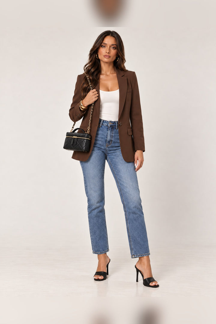 Model wearing the black quilted crossbody bag with a brown blazer and jeans, a fall outfit
