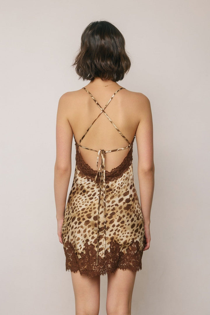 Soft Brown Leopard Satin Lace Trim Slip Mini Dress - STYLED BY ALX COUTUREDresses