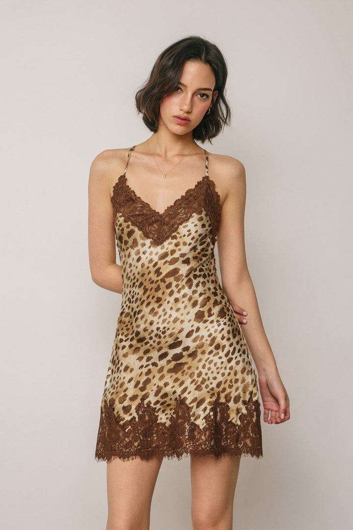 Soft Brown Leopard Satin Lace Trim Slip Mini Dress - STYLED BY ALX COUTUREDresses