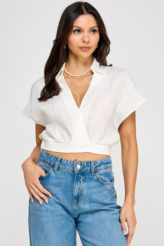 Solid Collared V Neck Cap Sleeve Crop Top - STYLED BY ALX COUTURETOP