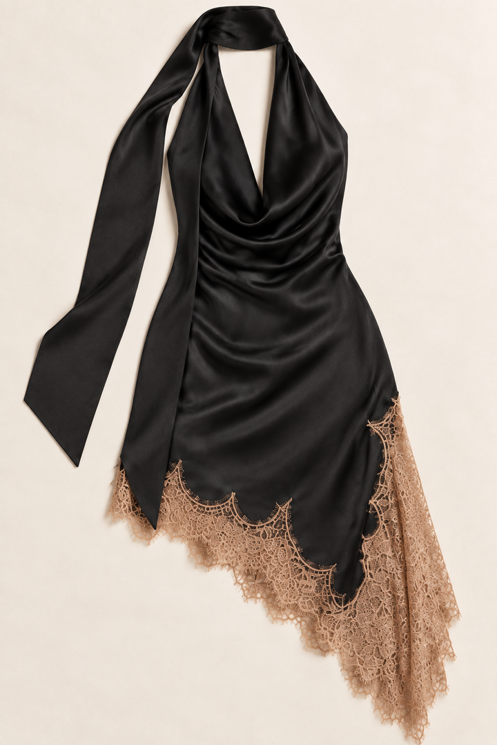 Product-only view of the Black Satin Scarf Midi Dress at Styled by ALX, arranged on an ivory surface to show the draped black satin cowl, matching long neck scarf and asymmetric tan lace hem. Soft folds and neutral lighting reveal the smooth fabric and delicate lace texture.