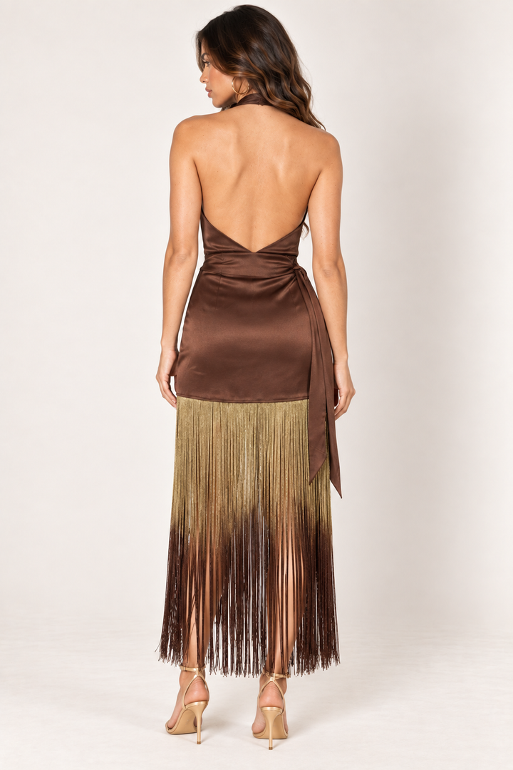 Full-length back view of the Brown Ombre Fringe Halter Dress by Skylar Rose at Styled by ALX. The model&