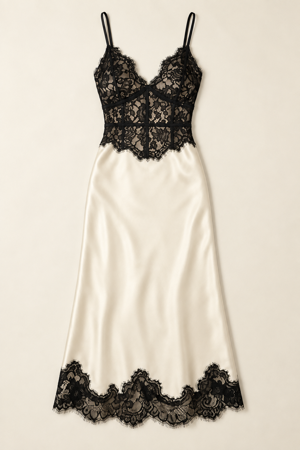 Product-only flatlay of the Ivory Black Lace Midi Dress by Skylar Rose at Styled by ALX. The complete dress is arranged on an ivory surface, showing thin black straps, the fitted floral lace bodice, softly flared ivory satin midi skirt and scalloped black lace border at the hem.