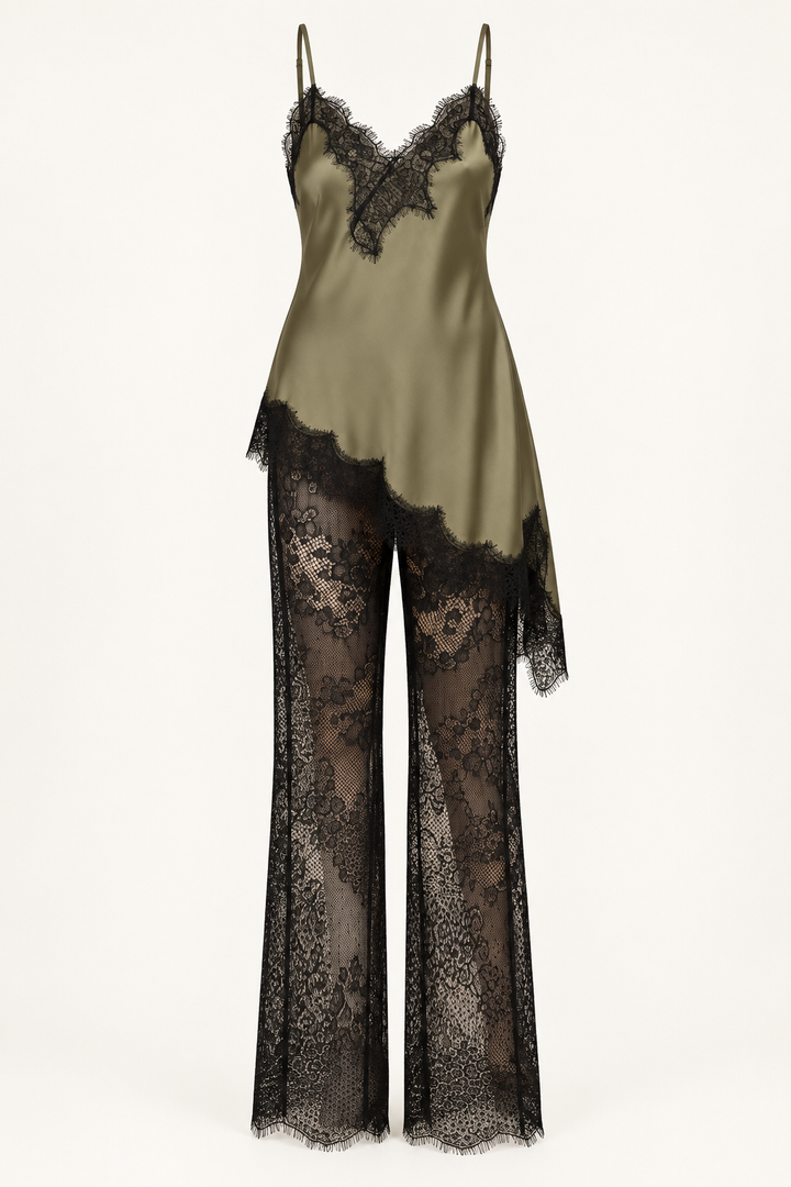 Front product view of the Khaki Satin Lace Pants Set by Skylar Rose at Styled by ALX, displayed without a model. An elongated olive-khaki satin camisole with fine straps and black lace trim sits over black floral lace wide-leg trousers, showing the asymmetric tunic hem and complete silhouette.