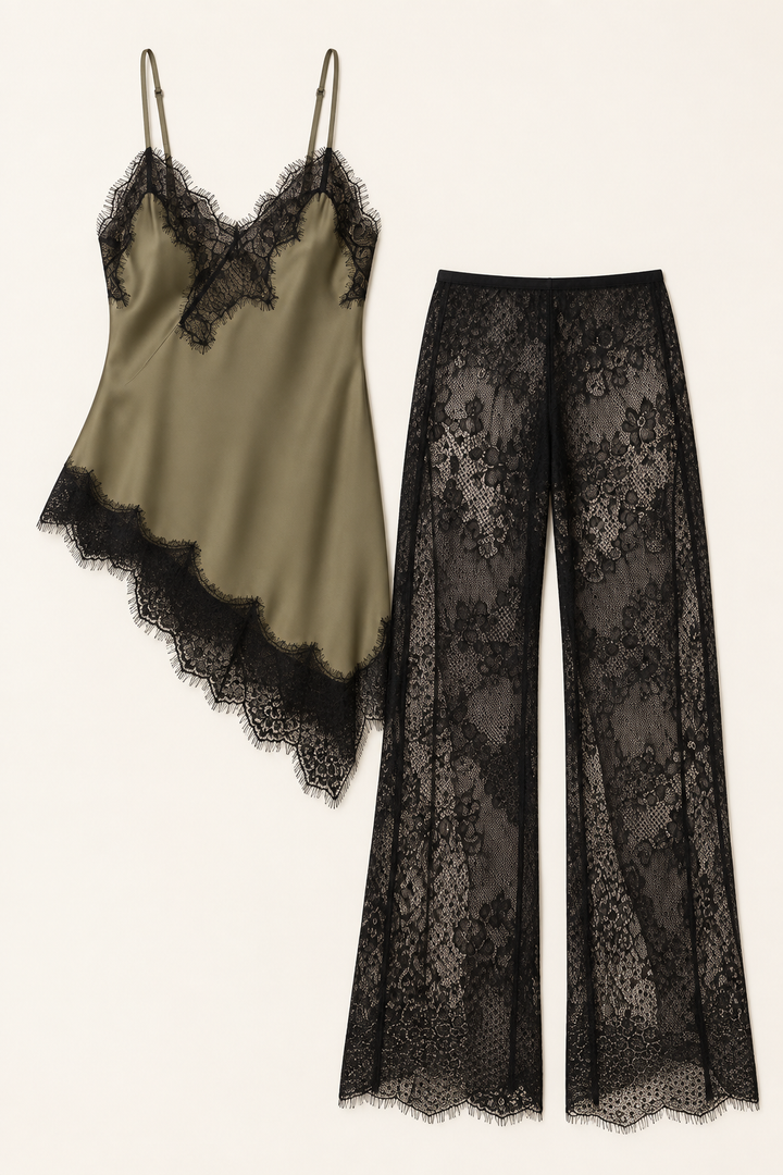 Flatlay of the Khaki Satin Lace Pants Set by Skylar Rose at Styled by ALX. The olive-khaki satin camisole and separate black floral lace wide-leg pants are arranged on an ivory background, showing the long asymmetric lace-trim top, thin straps and full trouser length without a model.