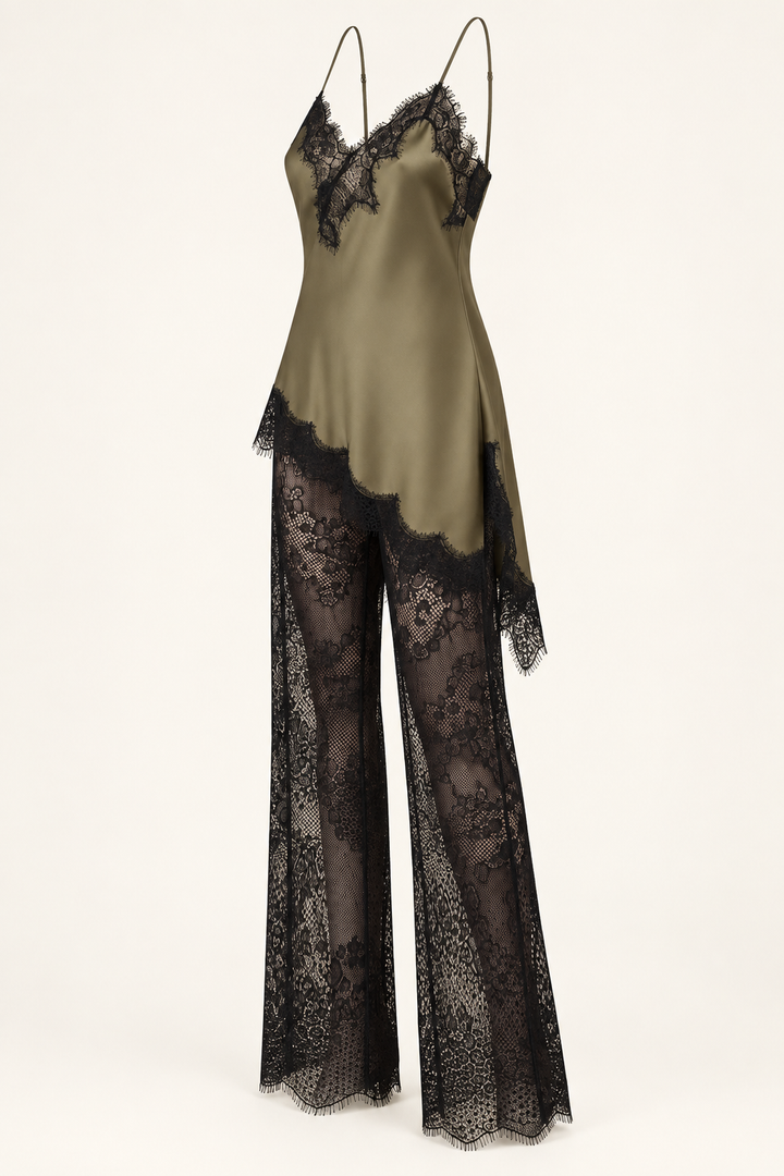Angled side product view of the Khaki Satin Lace Pants Set by Skylar Rose at Styled by ALX, shown on invisible support. The image reveals the loose olive satin camisole drape, asymmetric black lace-trim hem and flowing black floral lace trousers against an ivory background.