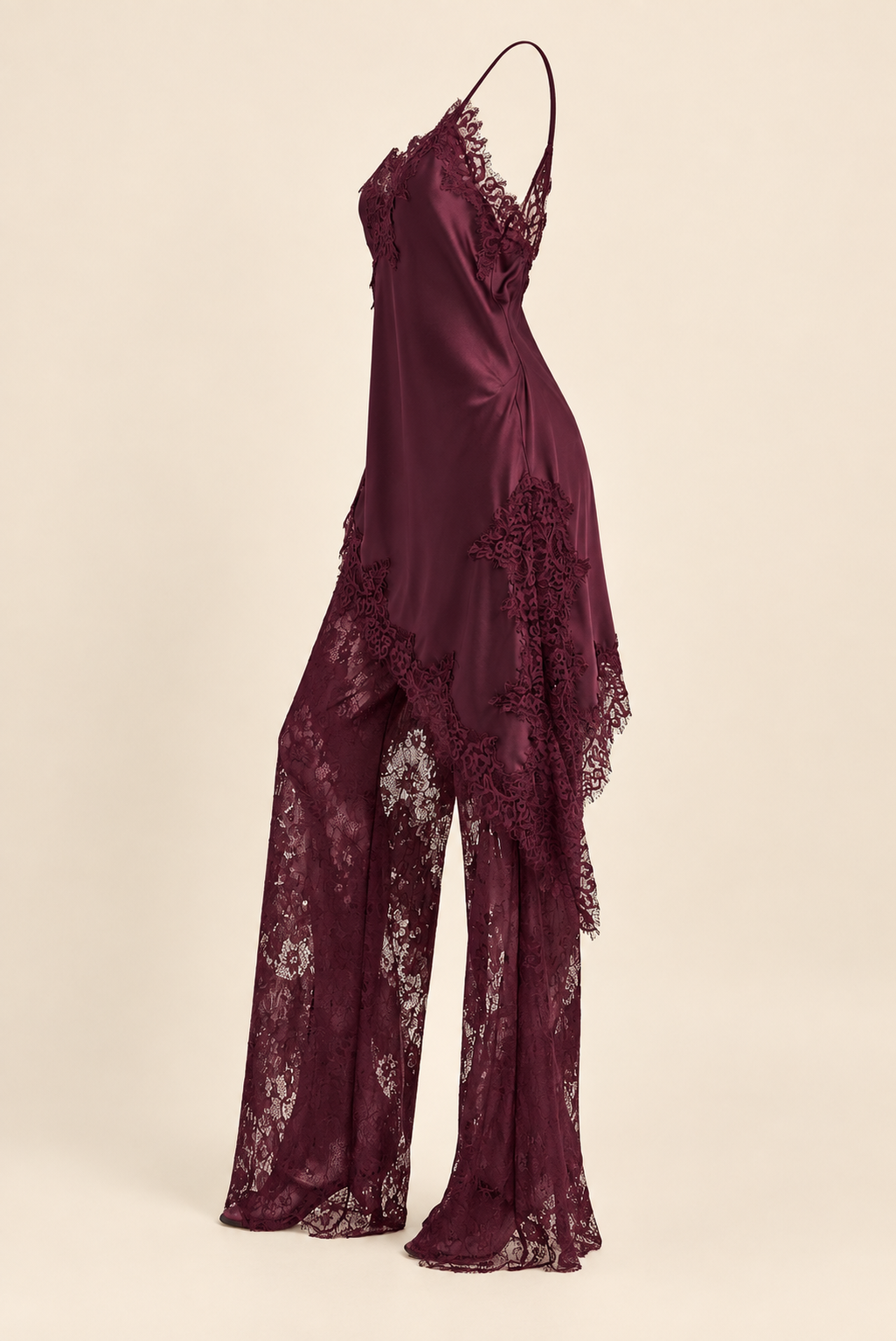 Product-only side view of the Burgundy Satin Lace Pants Set at Styled by ALX, showing the satin camisole&