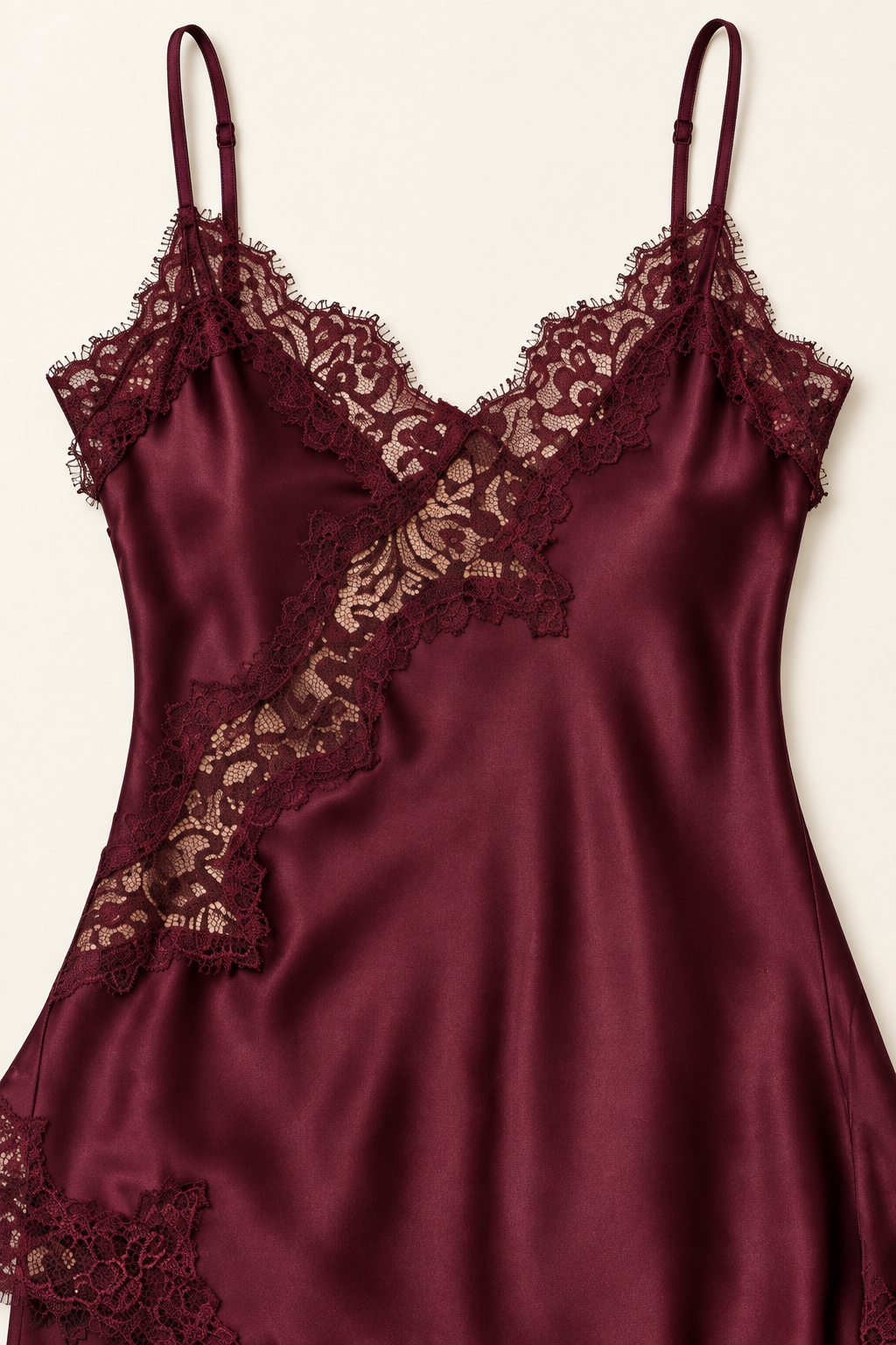 Product-only neckline detail of the Burgundy Satin Lace Pants Set at Styled by ALX, showing the camisole&