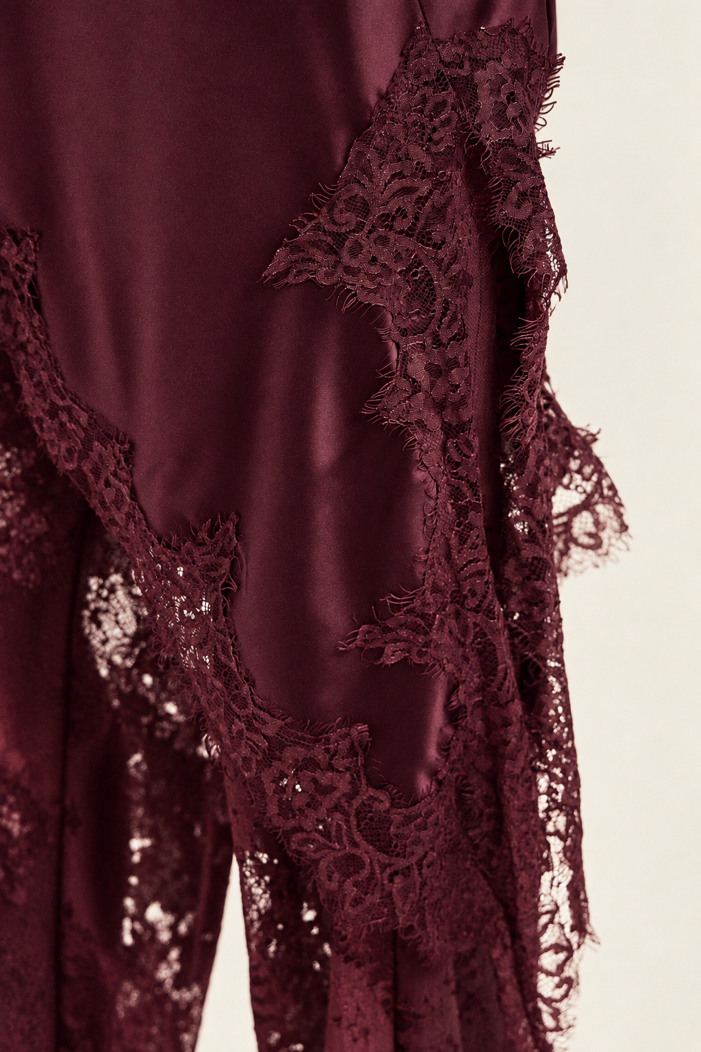 Product-only detail of the Burgundy Satin Lace Pants Set at Styled by ALX, focusing on the camisole&