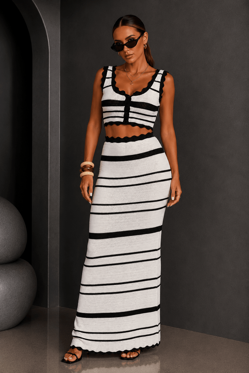 Black and white striped crochet knit maxi skirt from STYLED BY ALX