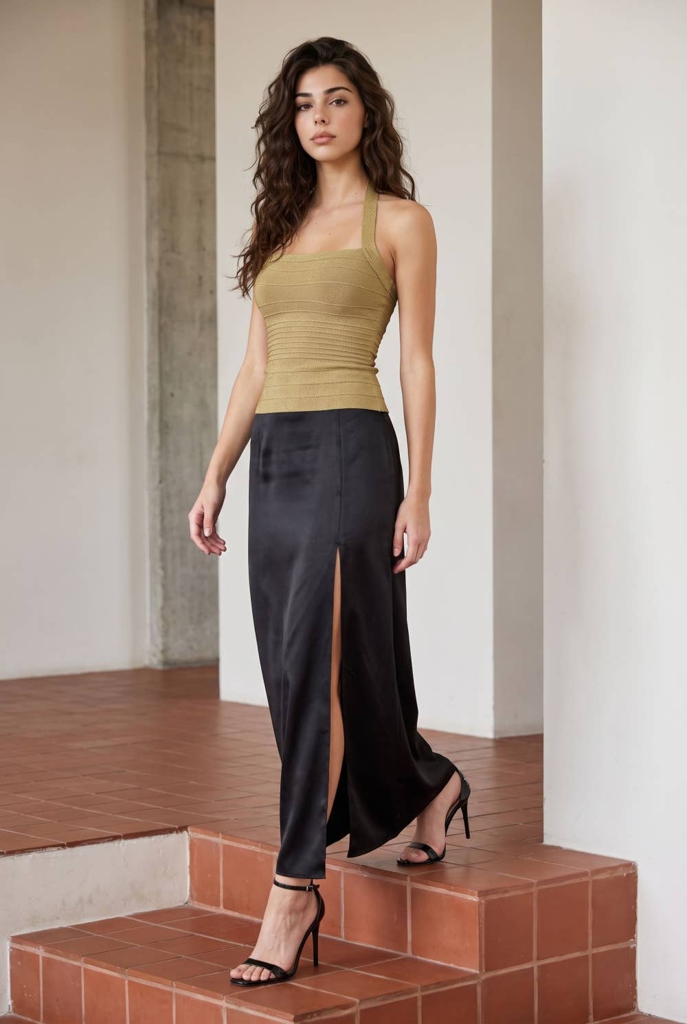 Tan Lurex Bandage Halter Top - STYLED BY ALX COUTURETops