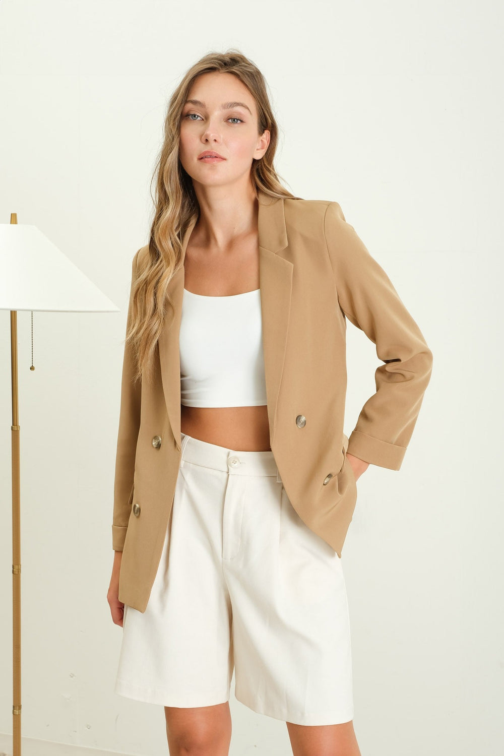 Tan folded sleeve blazer from STYLED BY ALX COUTURE