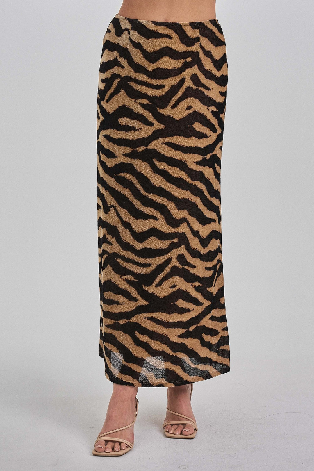 Taupe black zebra print knit maxi skirt, front view