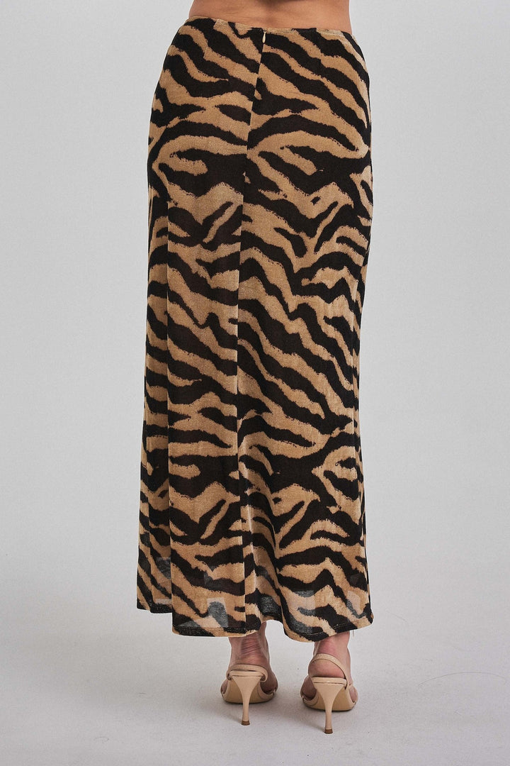 Zebra print maxi skirt with high pull-on waist, detail view