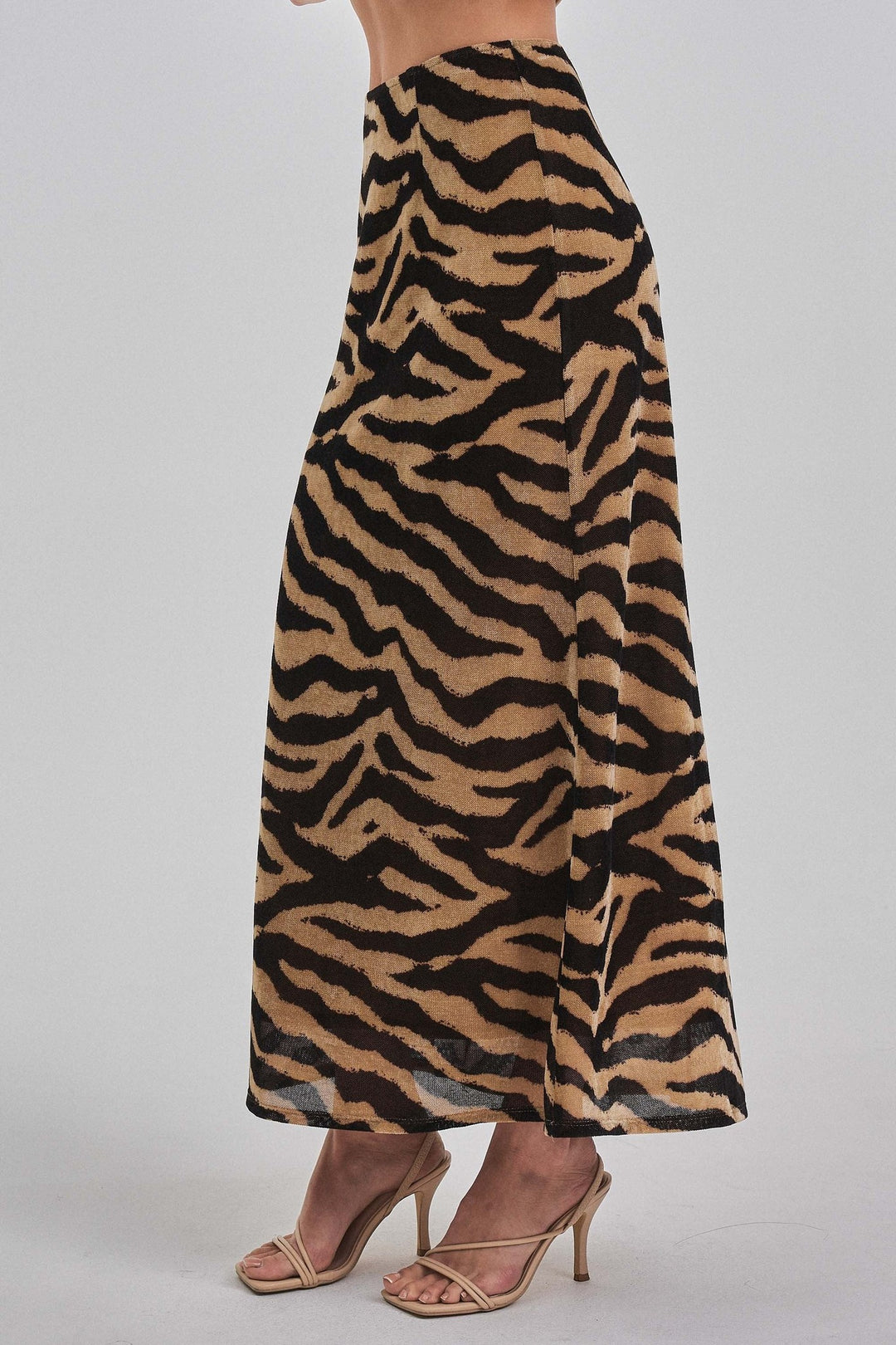Close up of the zebra print knit on the maxi skirt