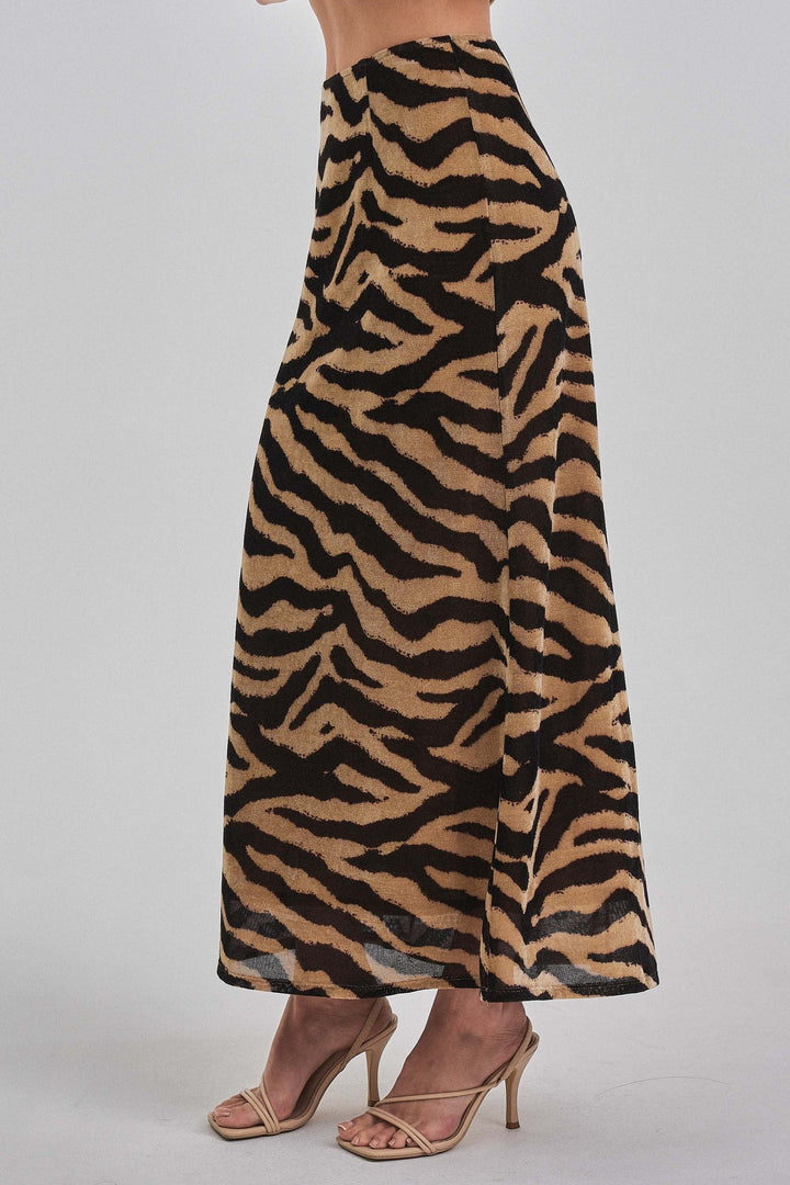 Close up of the zebra print knit on the maxi skirt
