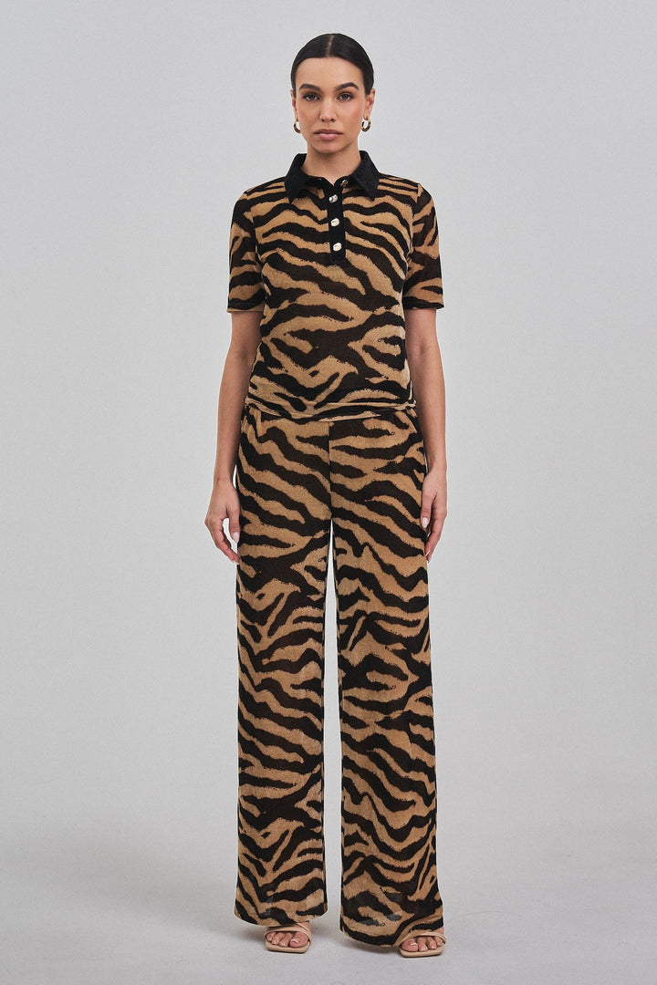 Zebra print wide leg pants with high pull-on waist