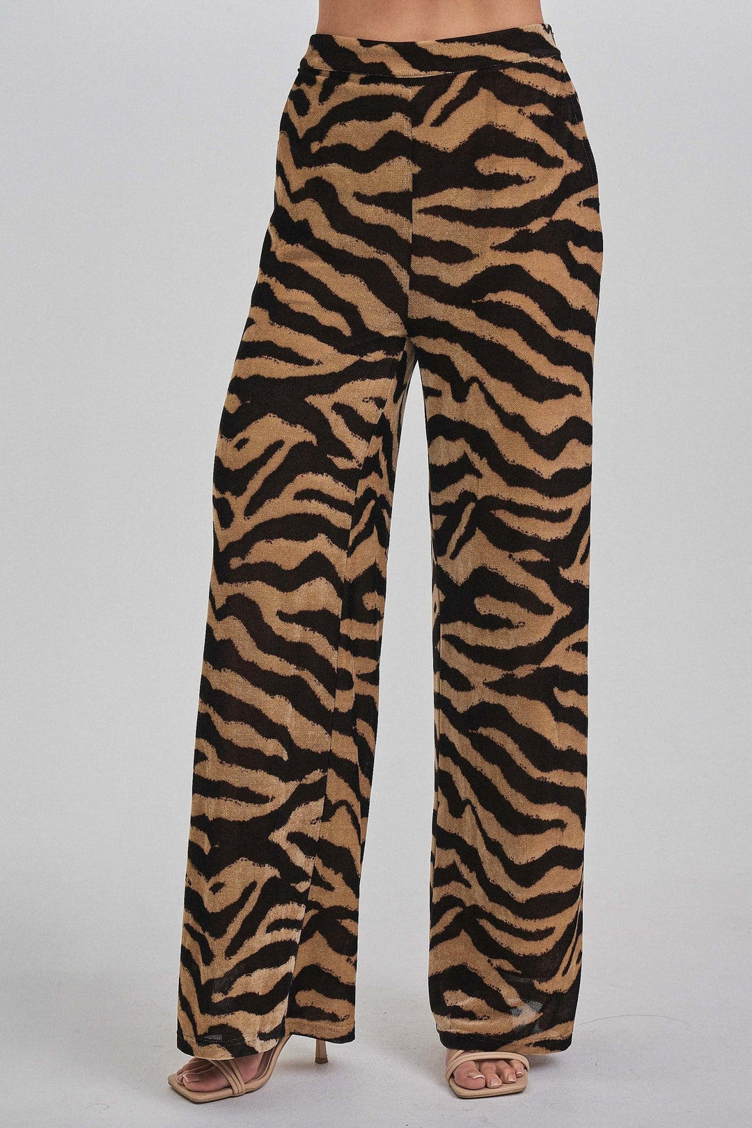 Zebra print wide leg pants, front detail
