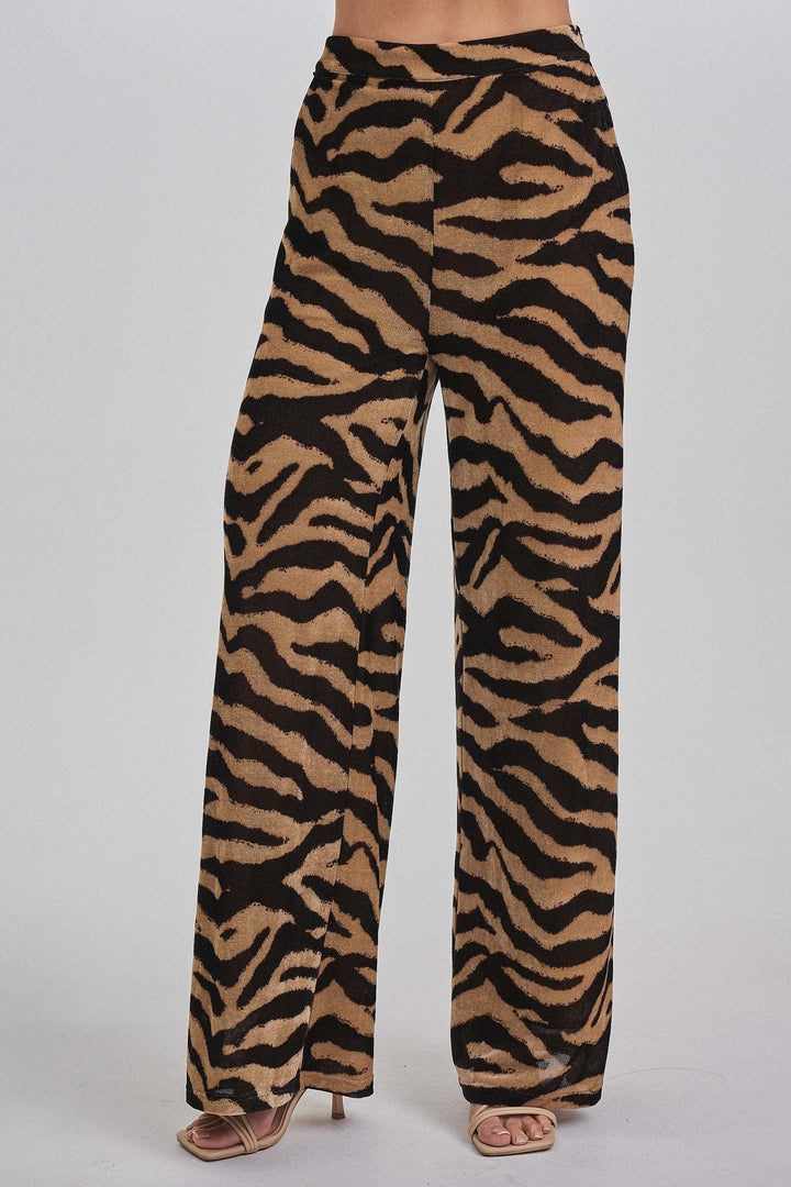 Zebra print wide leg pants, front detail