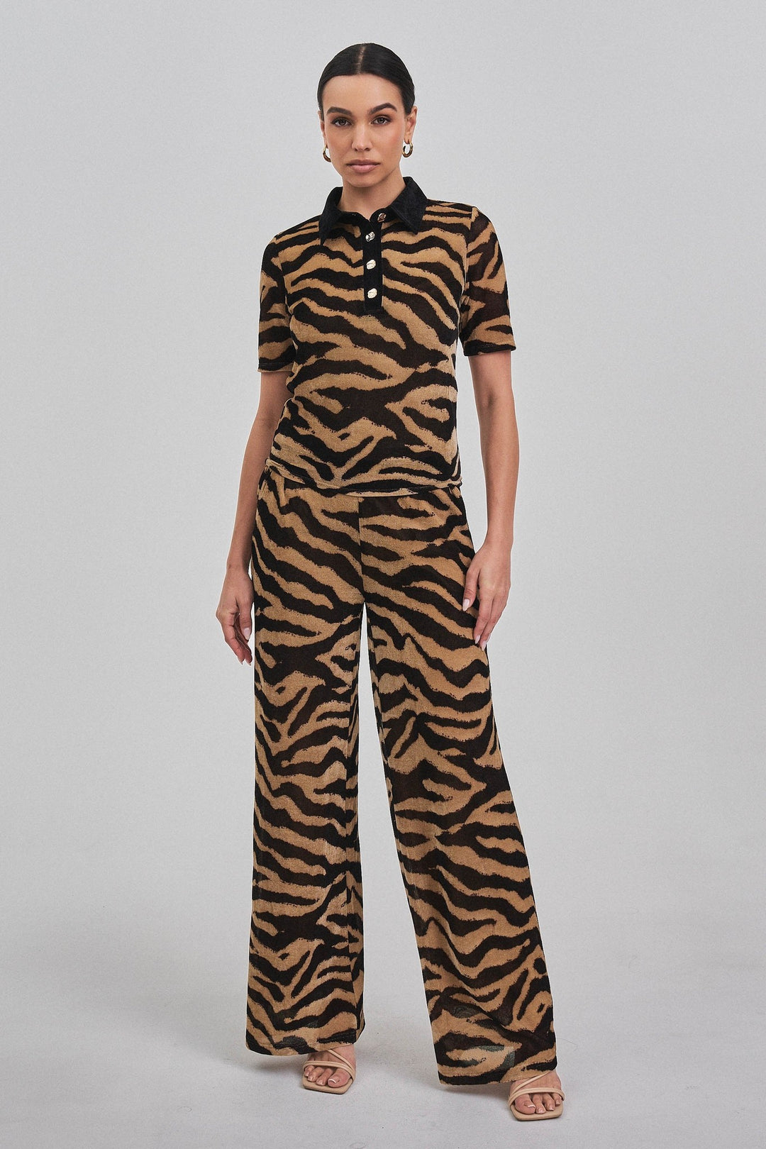 Taupe black zebra print short sleeve knit polo top worn with the matching zebra pants, front view