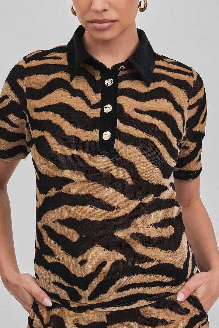 Taupe Black Zebra Print Short Sleeve Knit Polo Top - STYLED BY ALX COUTURETops