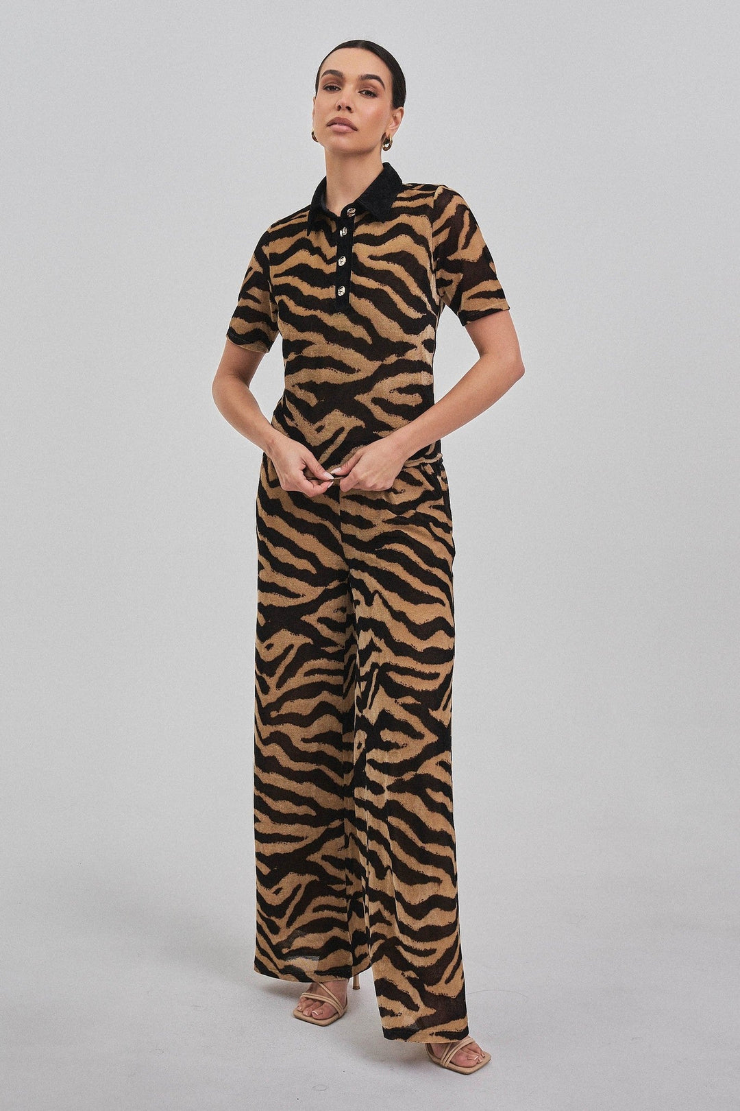 Taupe Black Zebra Print Short Sleeve Knit Polo Top - STYLED BY ALX COUTURETops