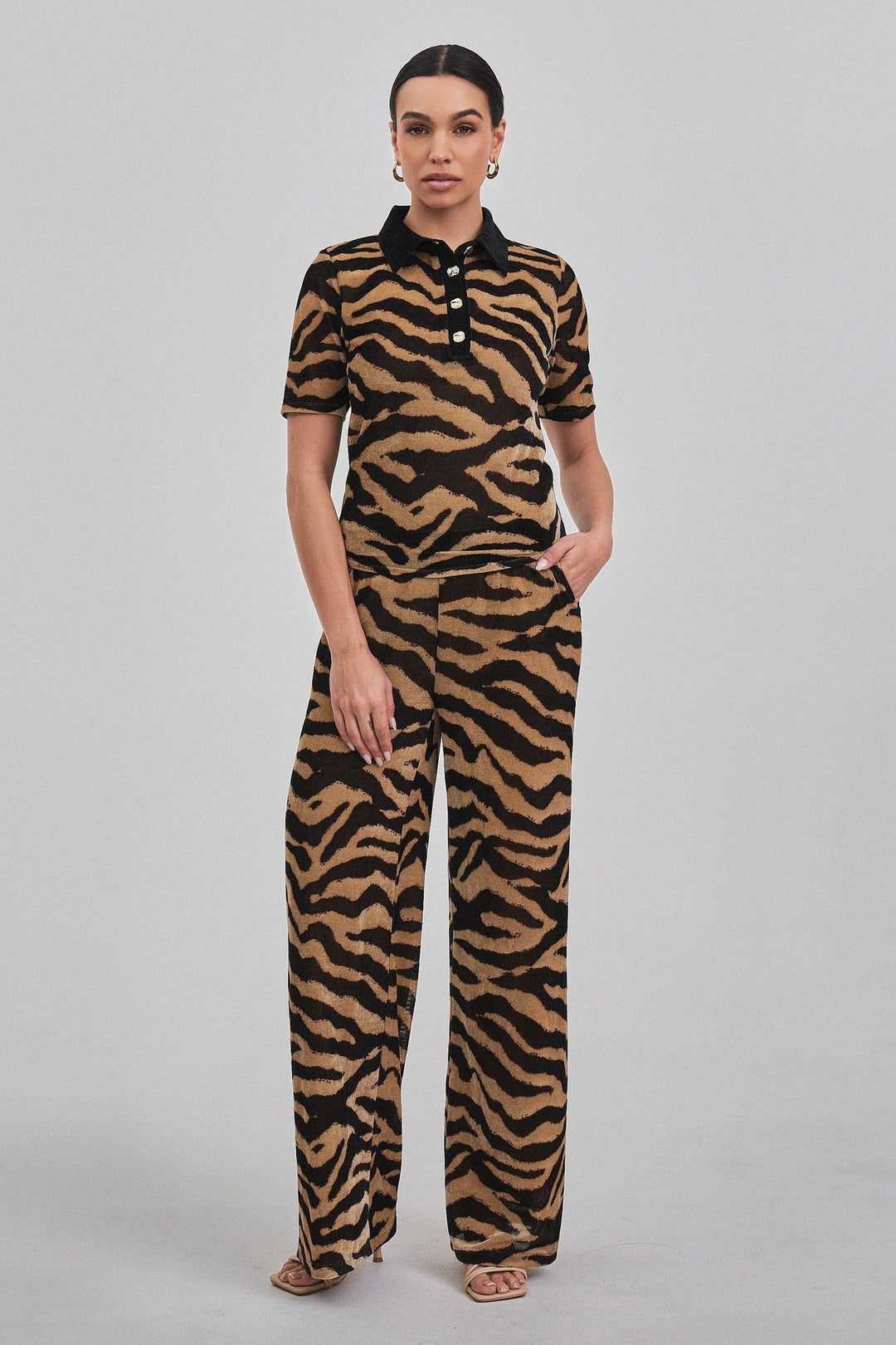 Taupe Black Zebra Print Short Sleeve Knit Polo Top - STYLED BY ALX COUTURETops