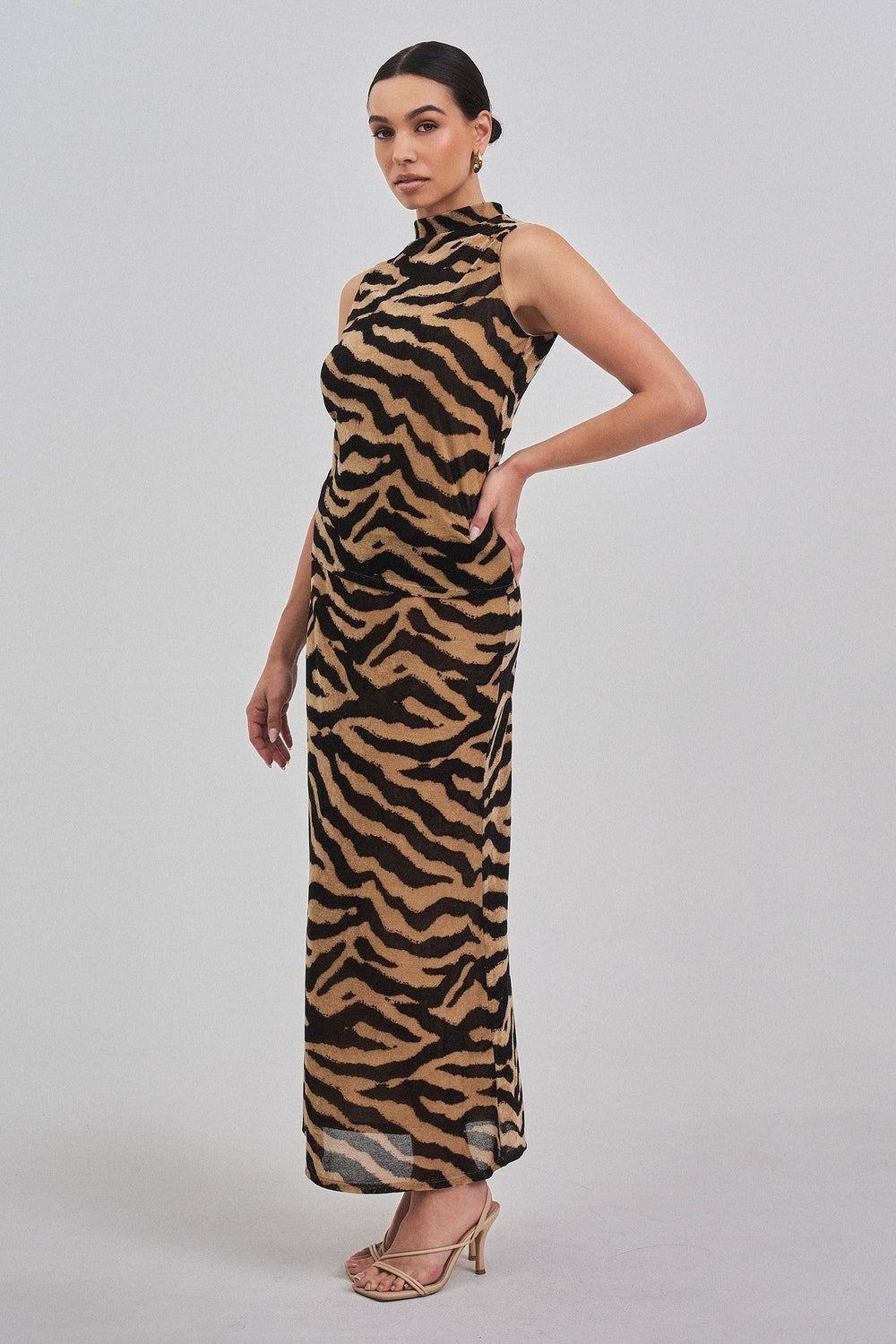 Taupe Black Zebra Print Sleeveless Mock Neck Knit Top - STYLED BY ALX COUTURETops