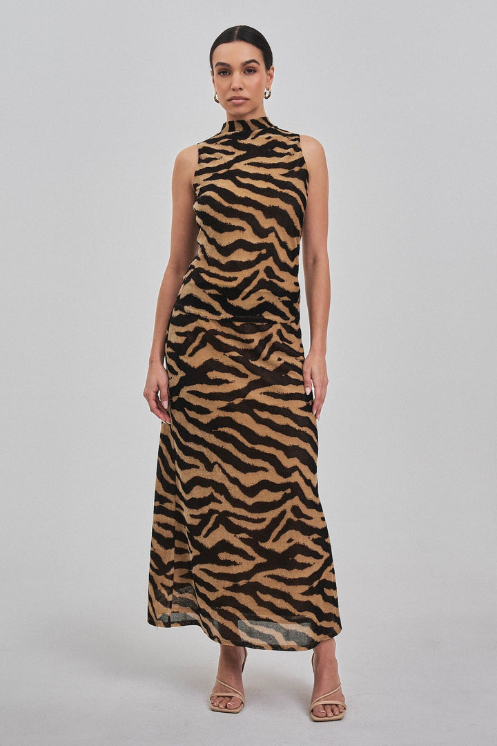 Zebra print mock neck knit top and maxi skirt set, front view