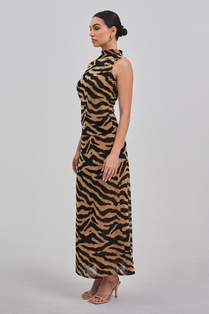 Taupe Black Zebra Print Sleeveless Mock Neck Knit Top - STYLED BY ALX COUTURETops