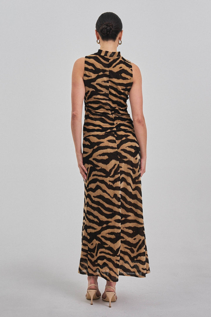 Zebra print sleeveless mock neck top, back view