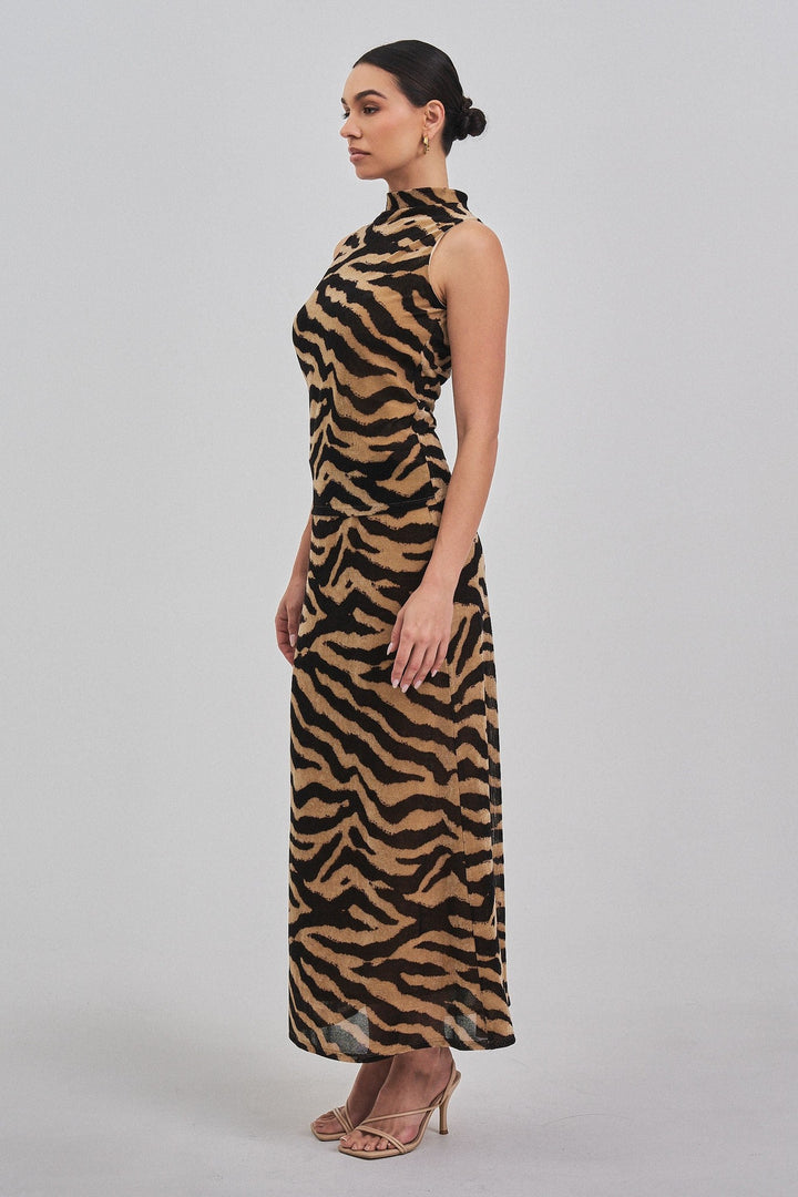 Taupe black zebra mock neck top, three-quarter view