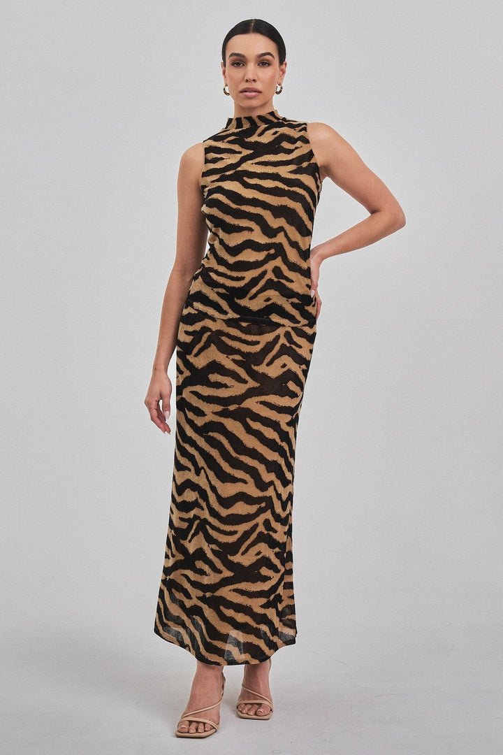Taupe Black Zebra Print Sleeveless Mock Neck Knit Top - STYLED BY ALX COUTURETops