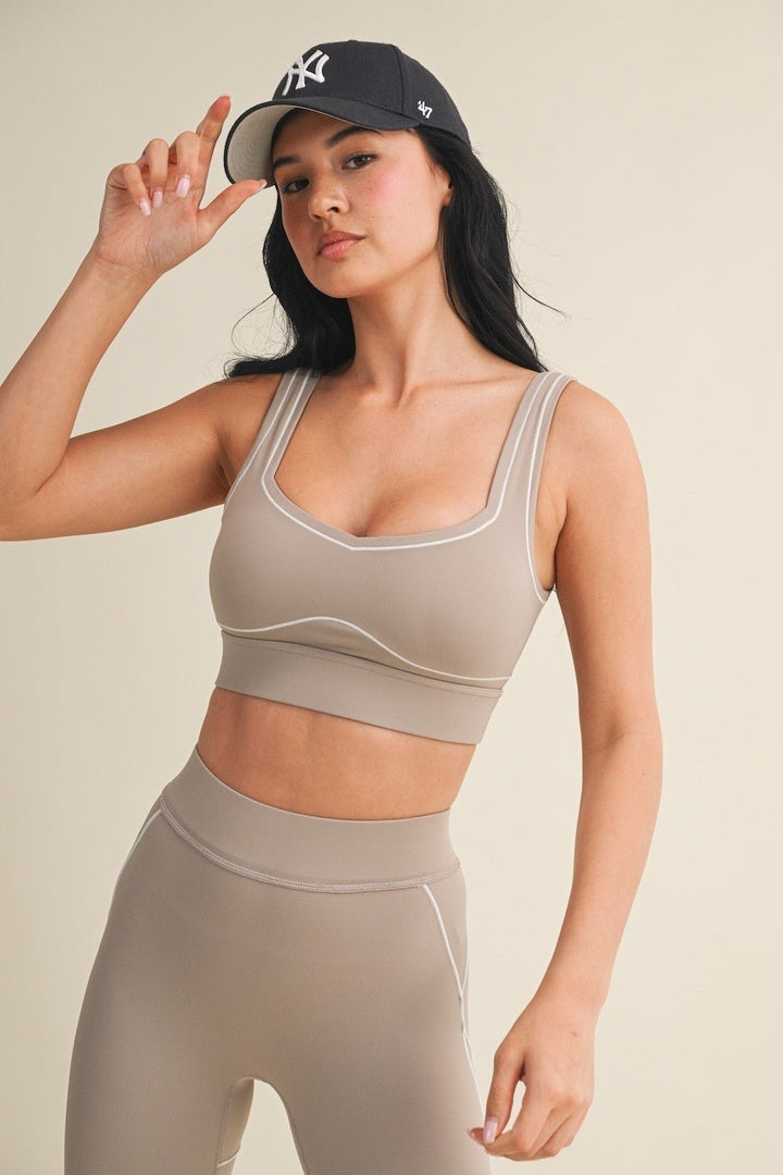 Taupe Contrast Thread Sports Bra - STYLED BY ALX COUTURESports Bra